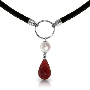 10.8 Carat 14K Solid White Gold Leather Necklace Pearl Ruby