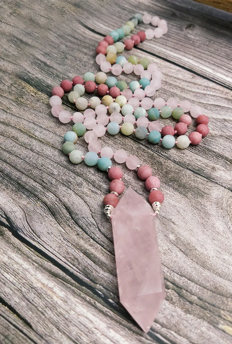 108 Natural Rose Quartz Amazonite Double Point Long Mala Necklace