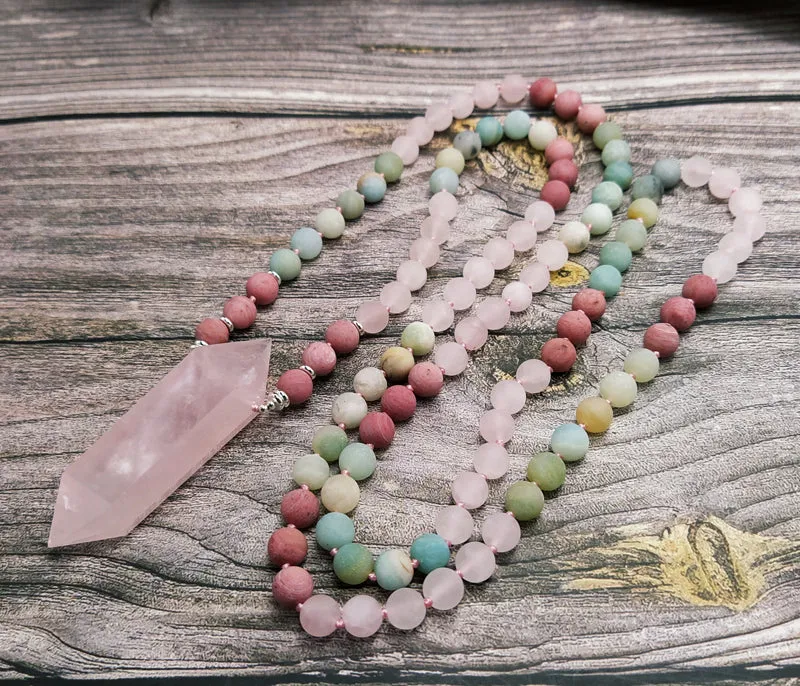 108 Natural Rose Quartz Amazonite Double Point Long Mala Necklace