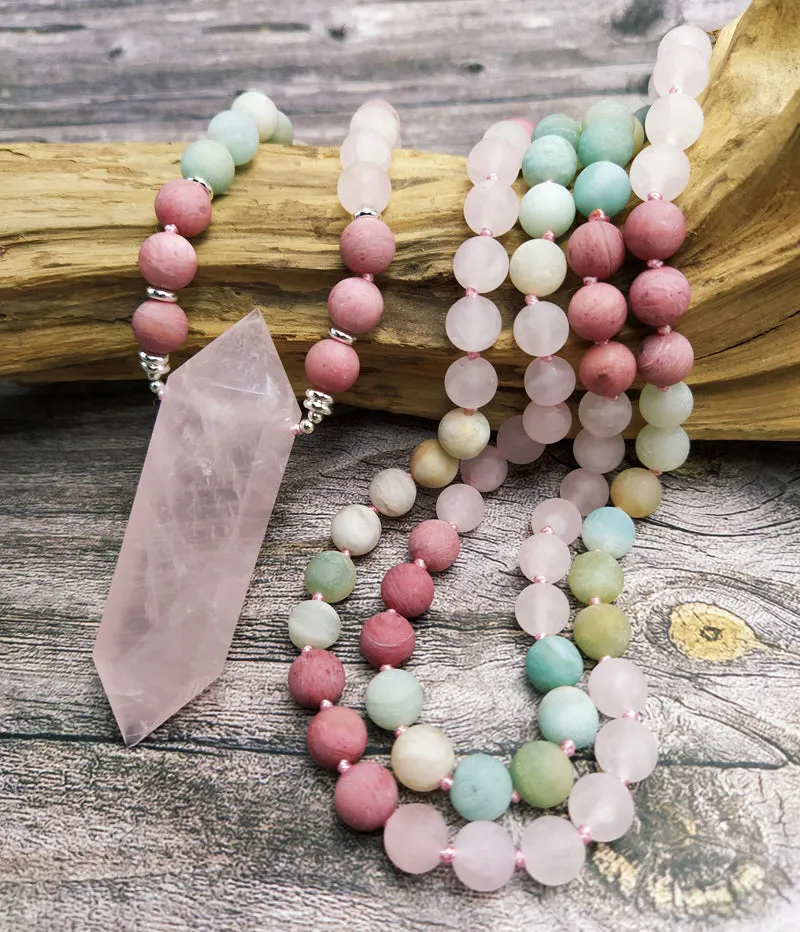 108 Natural Rose Quartz Amazonite Double Point Long Mala Necklace