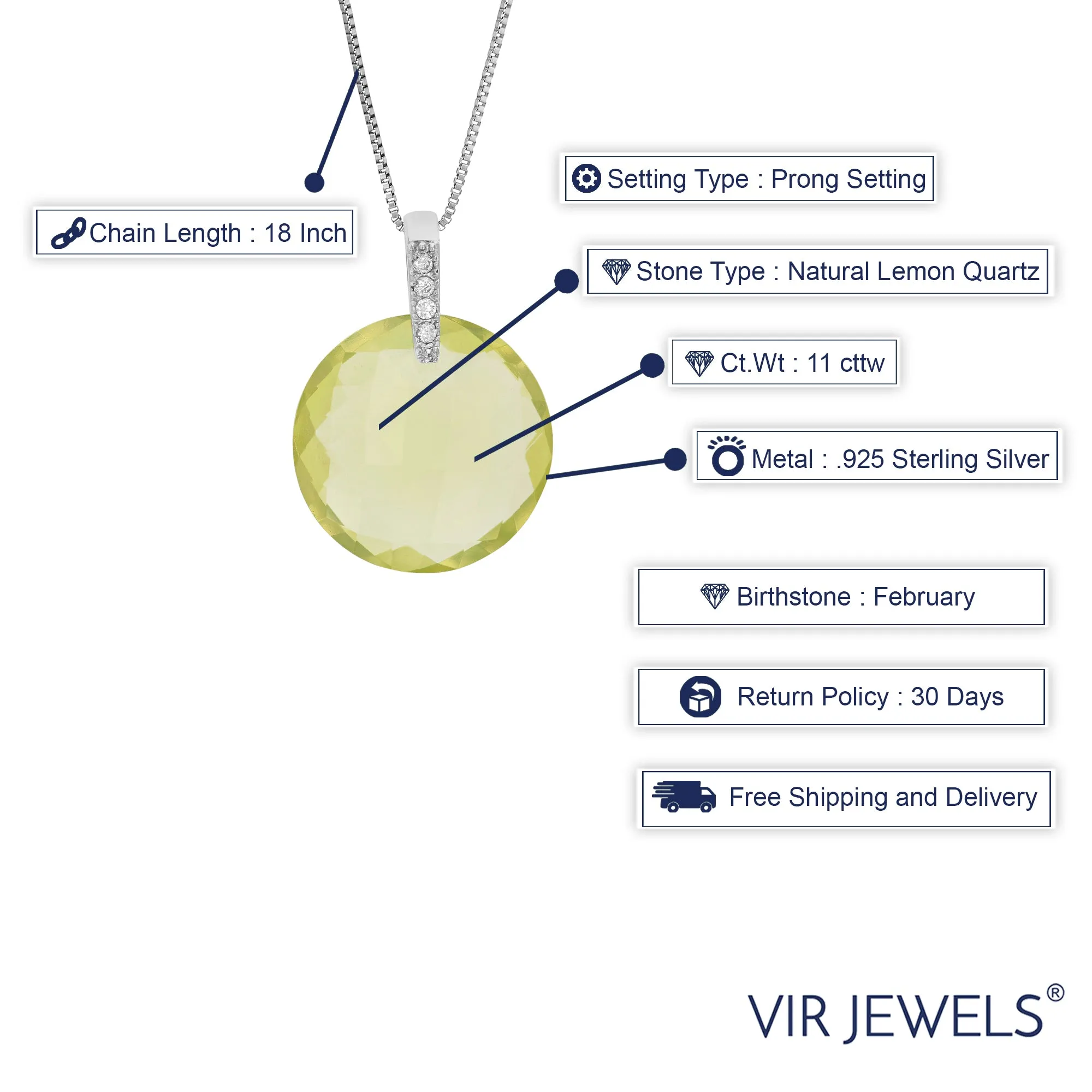 11 cttw Pendant Necklace, Lemon Quartz Pendant Necklace for Women in .925 Sterling Silver with 18 Inch Chain, Prong Setting