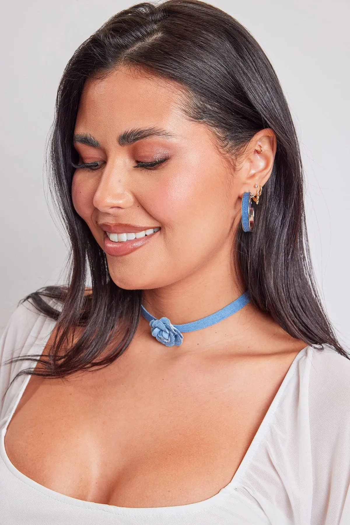 12" Denim Choker W/ Flower Blouse