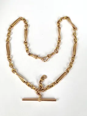 14 inch, Antique, Victorian Rosy 9ct Gold Fancy Link Albert Watch Chain with T bar and dog clips (13.85g)