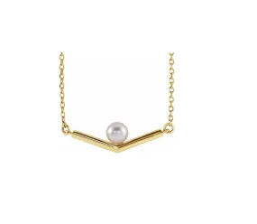 14K Gold Cultured White Akoya Pearl Chevron V Necklace