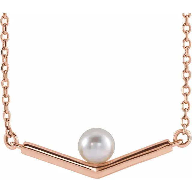 14K Gold Cultured White Akoya Pearl Chevron V Necklace