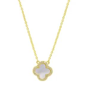 14k Gold Plated Crystal Halo White Mother of Pearl Clover Necklace