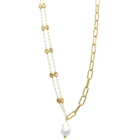 14k Gold Plated Mixed Rosary and Paper Clip Chain Necklace with Freshwater Pearl Drop