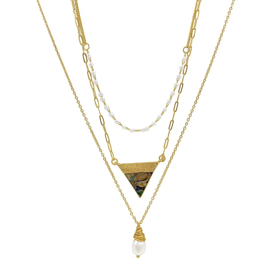 14k Gold Plated Triangle and Freshwater Pearl Pendant Layered Necklace