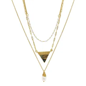 14k Gold Plated Triangle and Freshwater Pearl Pendant Layered Necklace