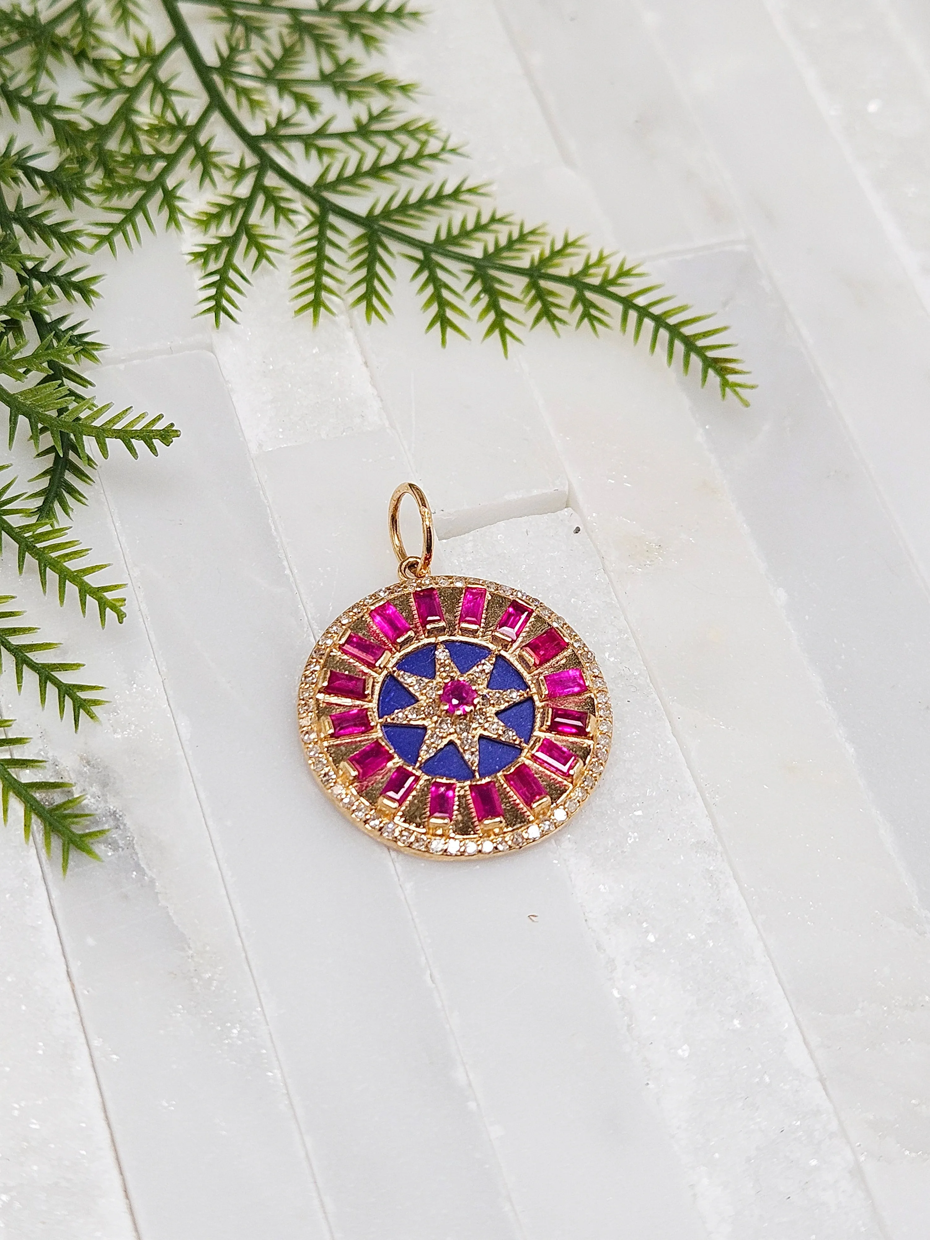 14k Solid Gold Sapphire, Lapis and Diamond Round Disc Compas Sundial Pendant | Indulgems | Designs in Real Gold