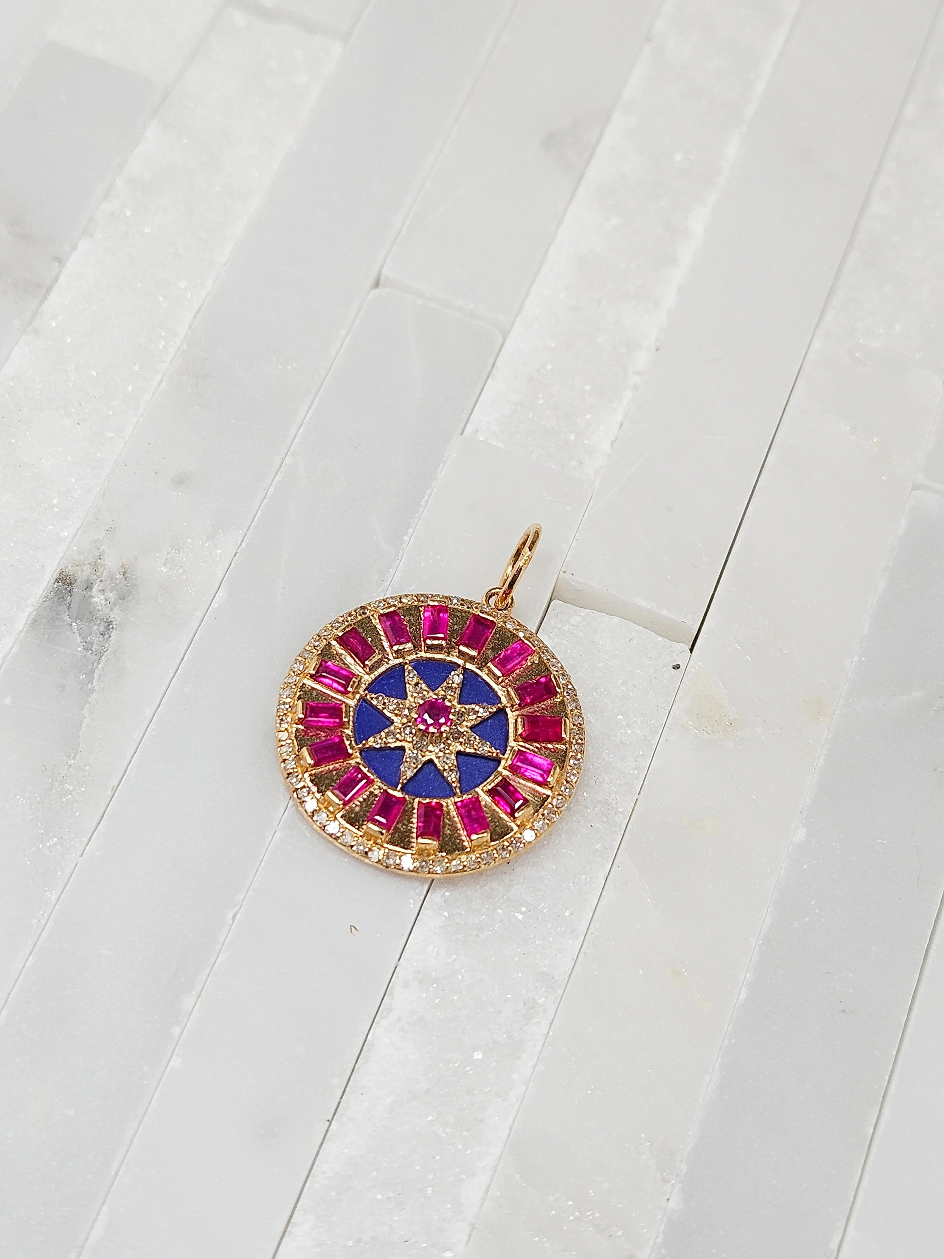 14k Solid Gold Sapphire, Lapis and Diamond Round Disc Compas Sundial Pendant | Indulgems | Designs in Real Gold