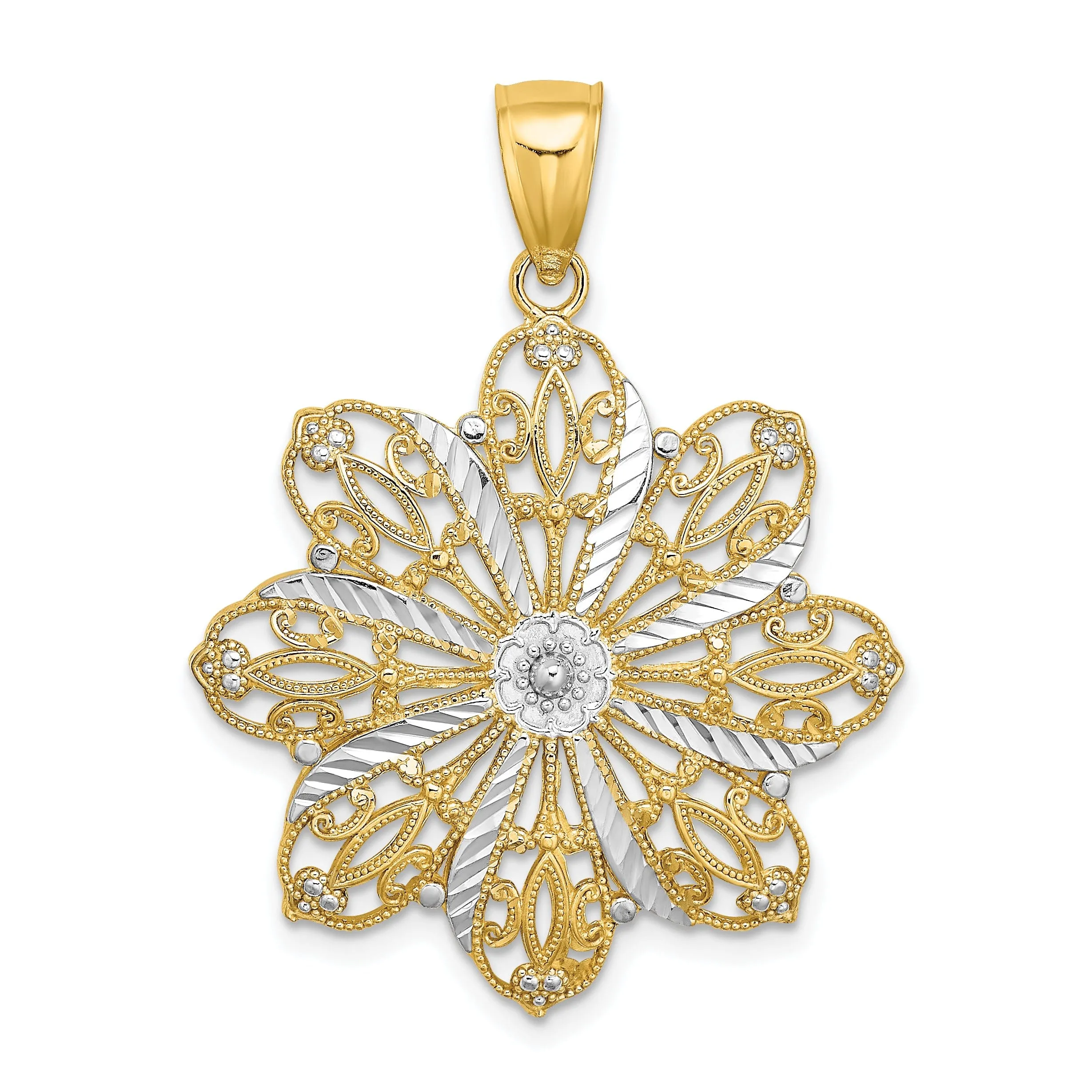 14K Two-tone Gold Open Back Solid Polished Finish Diamond-cut Flower Charm Pendant