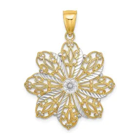 14K Two-tone Gold Open Back Solid Polished Finish Diamond-cut Flower Charm Pendant