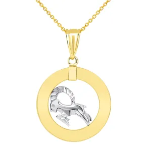 14k Two Tone Gold Open Circle Capricorn Zodiac Sign Pendant Necklace