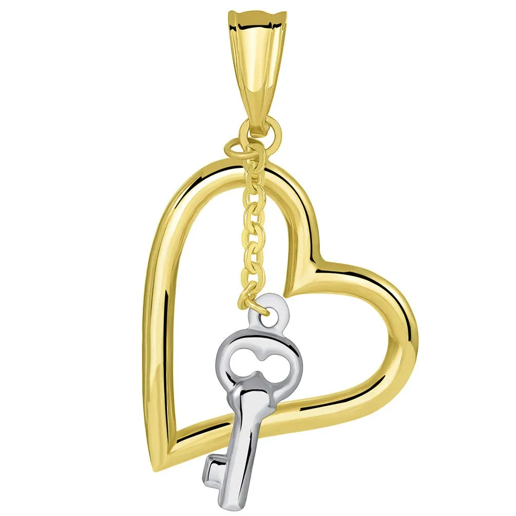 14k Two Tone Gold Open Heart Pendant with White Gold Dangling Key Figaro Necklace