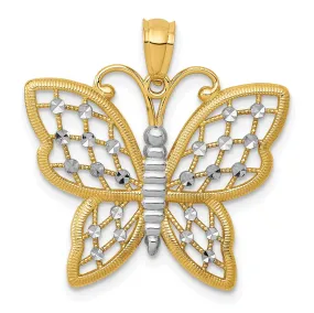 14k Two-tone Gold Solid Cassted Open Back Polished Finish Diamond-cut Butterfly Charm Pendant