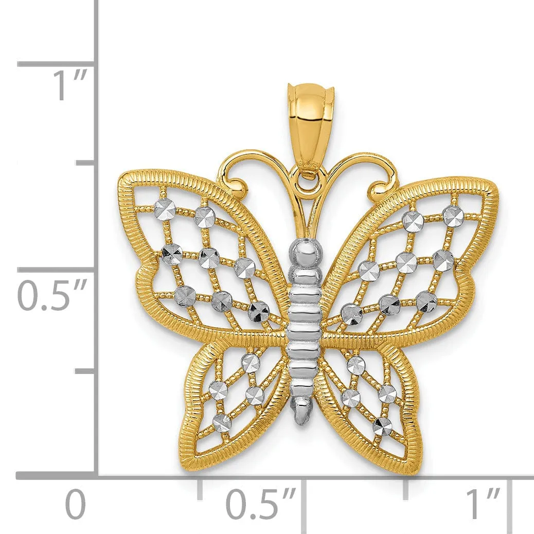 14k Two-tone Gold Solid Cassted Open Back Polished Finish Diamond-cut Butterfly Charm Pendant