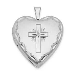 14k White Gold 20MM Diamond Set Cross Heart Locket