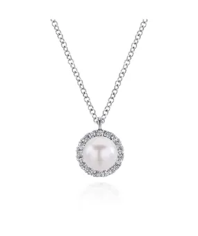 14K White Gold Cultured Pearl and Diamond Halo Pendant Necklace