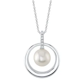 14K White Gold Diamond and Cultured Pearl Circle Pendant Necklace