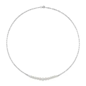 14K White Gold Diamond Cultured Pearl Paper Clip Link Necklace