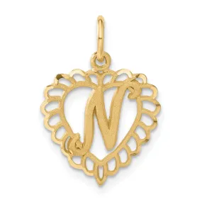 14k Yellow Gold Heart Shape Script Design Letter N Charm Pendant