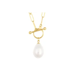 14K Yellow Gold Paperclip Chain Necklace with Single Elongated Cultured Freshwater Pearl