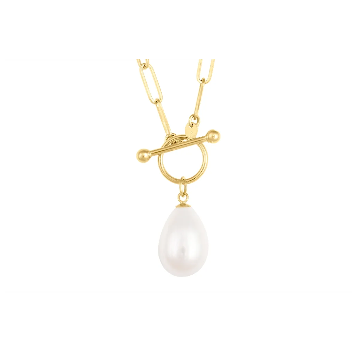 14K Yellow Gold Paperclip Chain Necklace with Single Elongated Cultured Freshwater Pearl