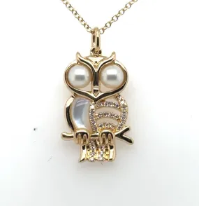 14K Yellow Gole Pearl, Mother of Pearl and Diamond Owl Pendant