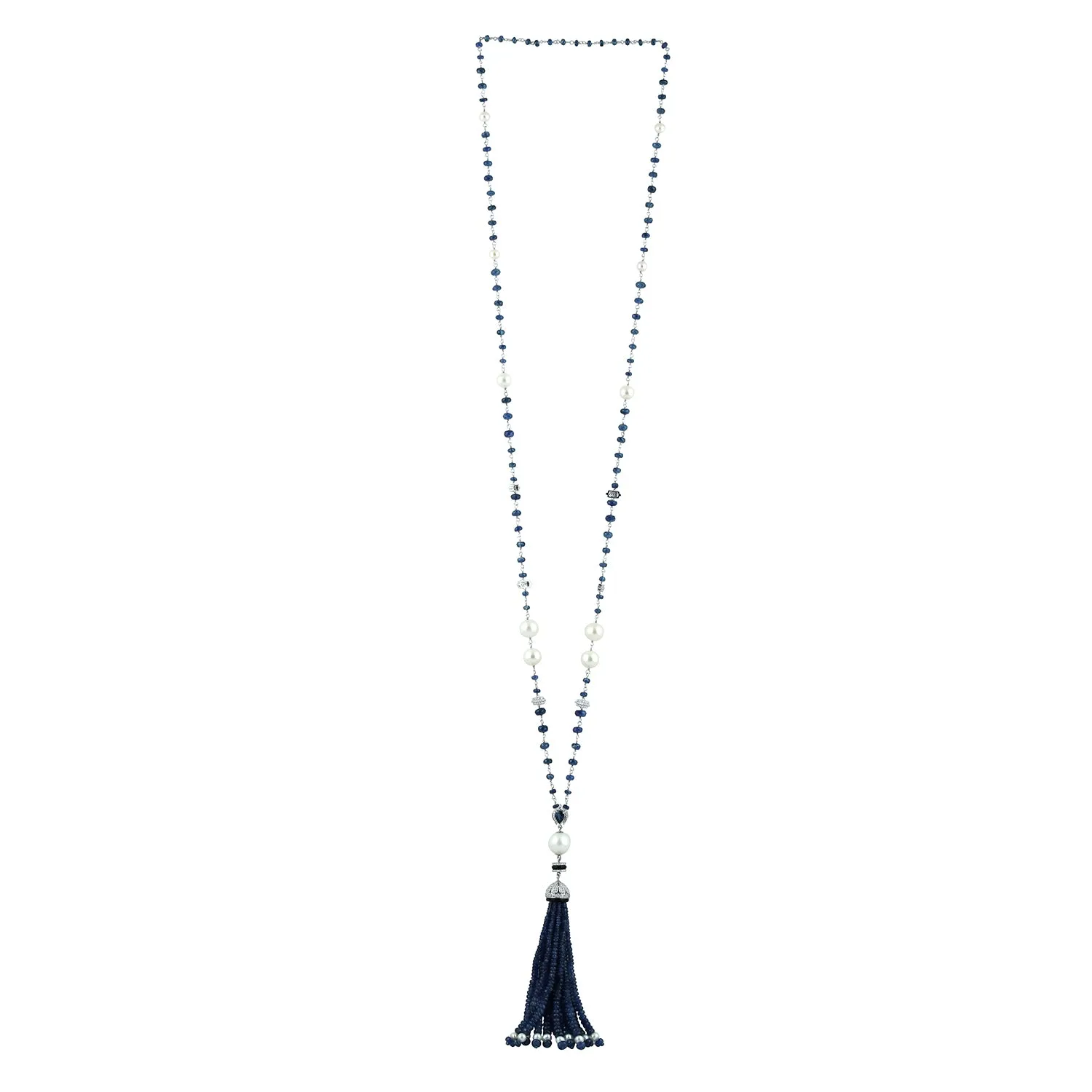 18k White Gold Chain Tassel Rope Lariat Necklace Pearl Chiness Onyx Sapphire Beads Diamond For Her On Sale