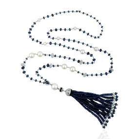 18k White Gold Chain Tassel Rope Lariat Necklace Pearl Chiness Onyx Sapphire Beads Diamond For Her On Sale