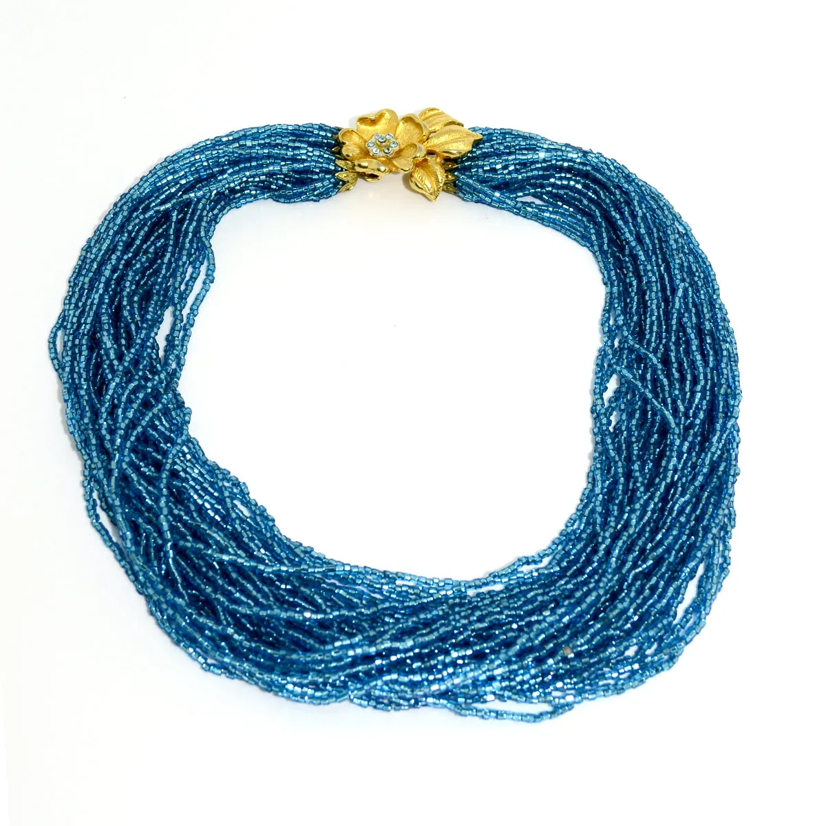 1960s Multi Strand Blue Glass Torsade Necklace w/ Gold Flower Clasp