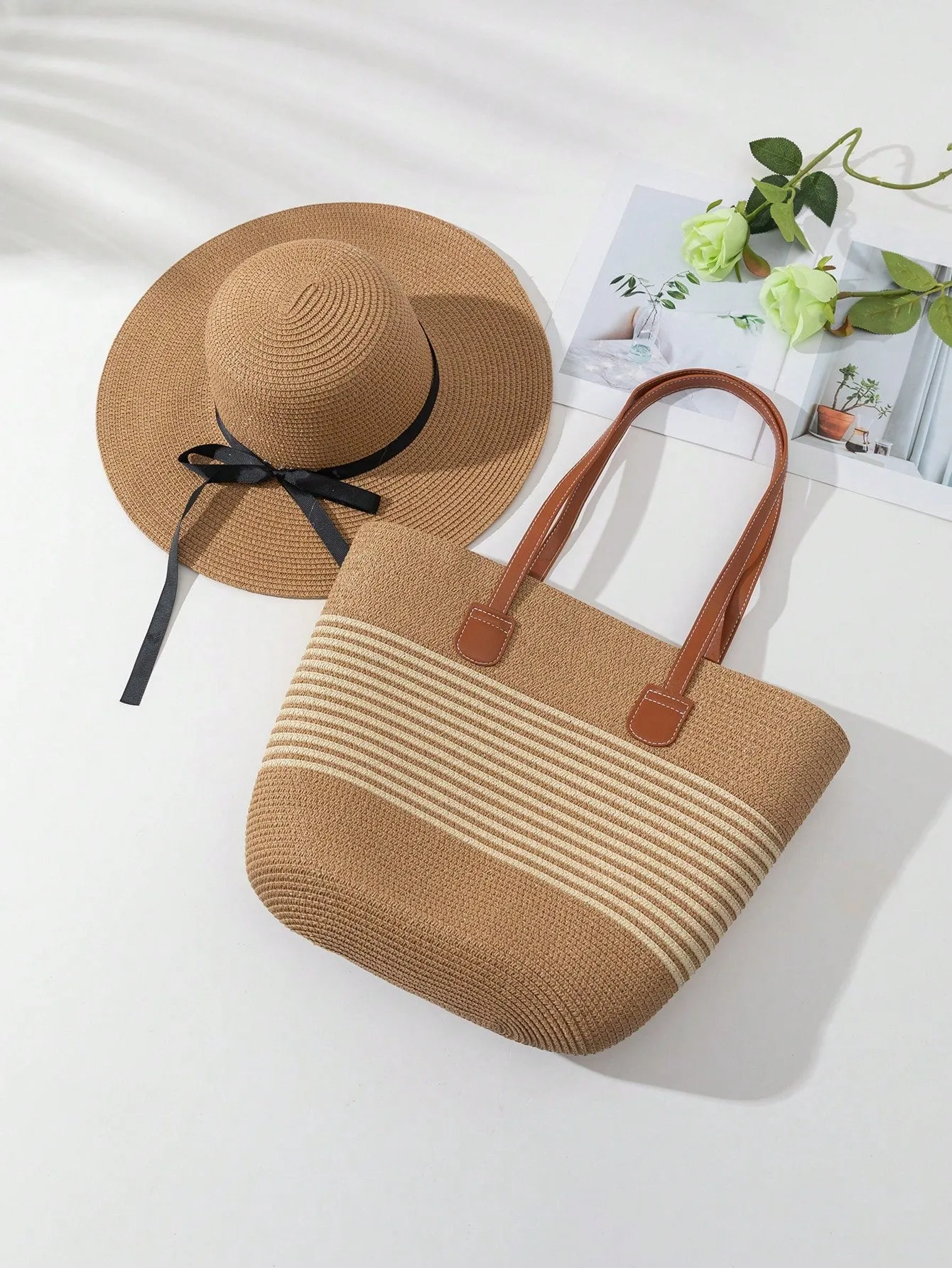 1pc Women Sun Hat With Wide Brim   1pc Women Fashionable Woven Handbag