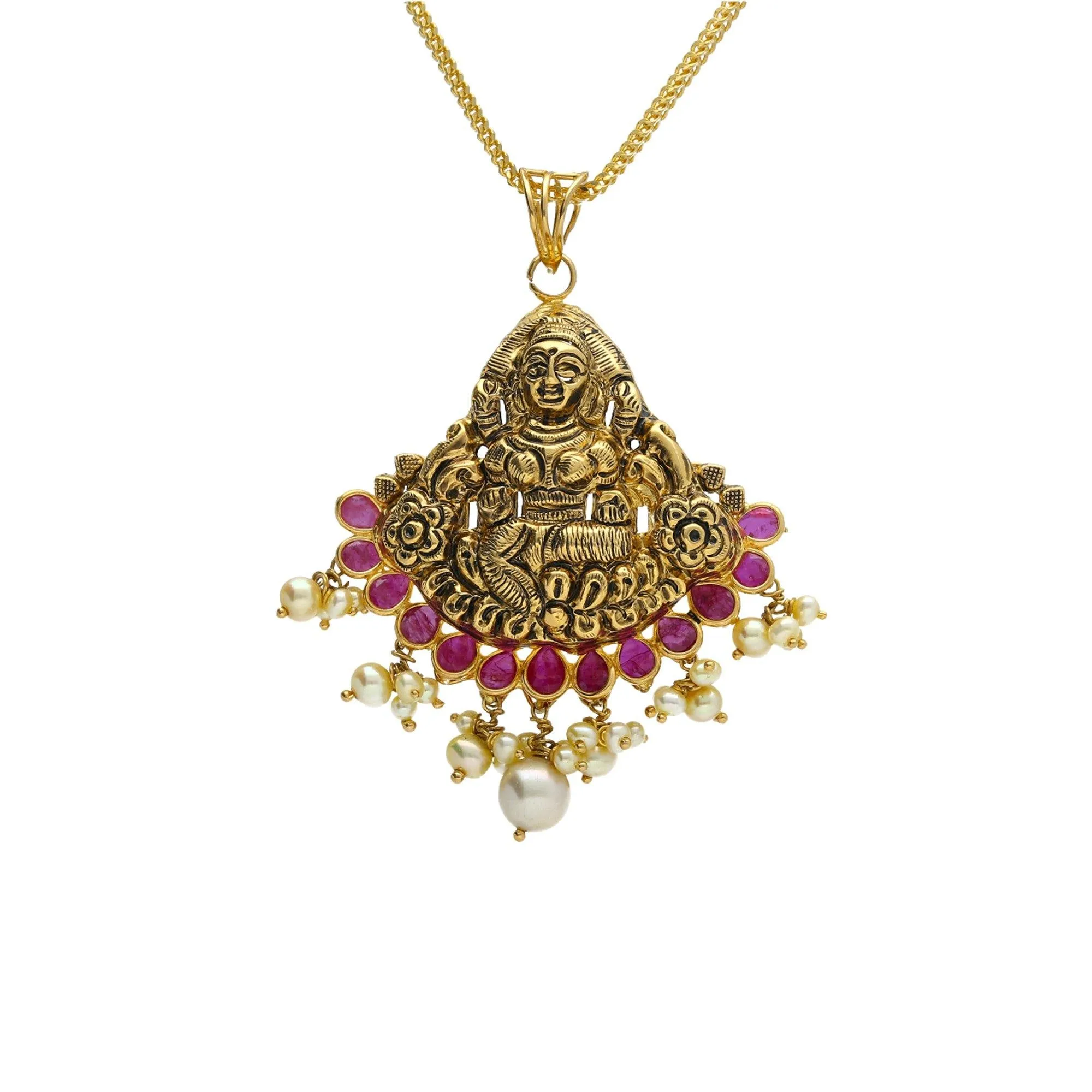 22K Yellow Antique Gold Laxmi Pendant W/ Underlining Rubies & Pearls