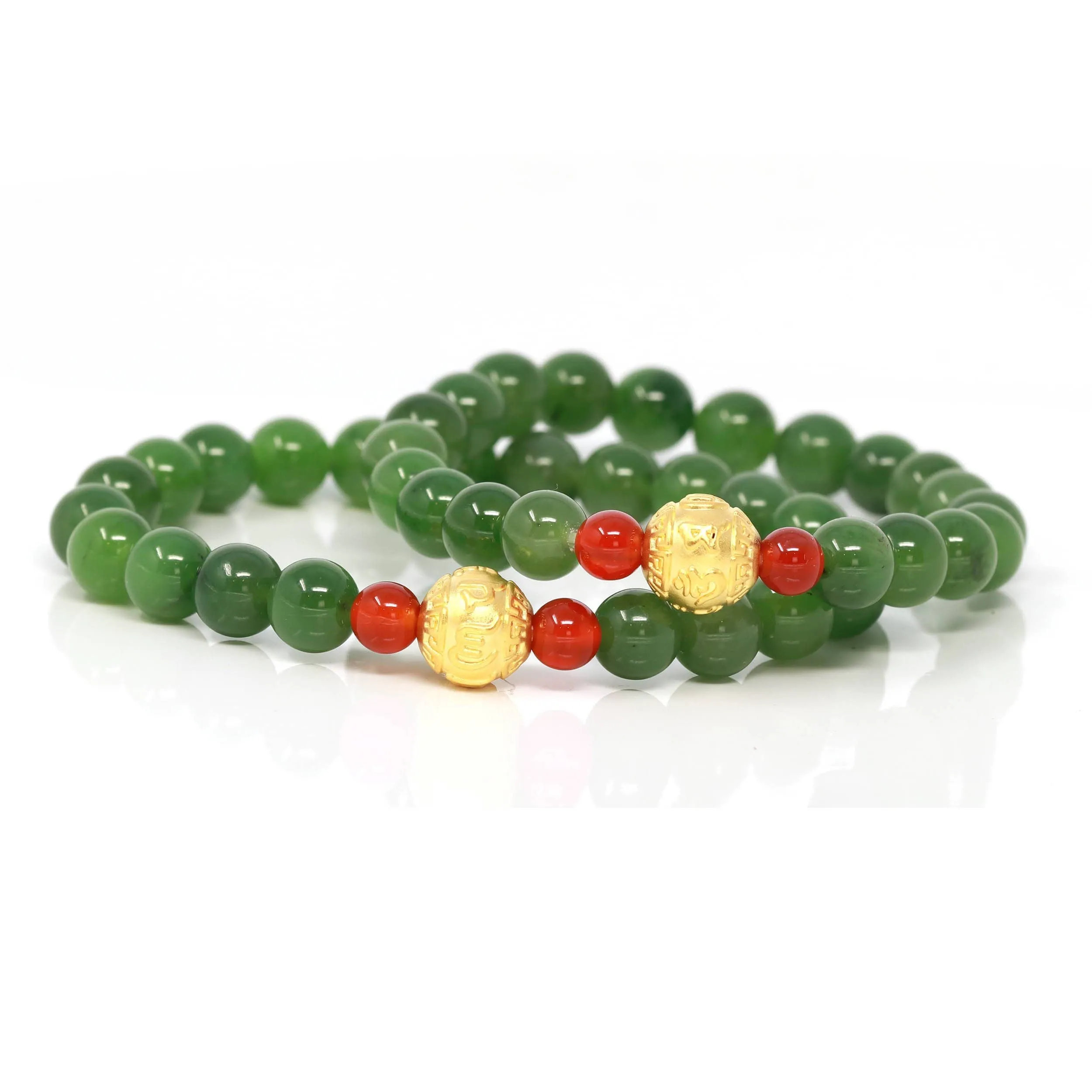 24K Pure Yellow Gold "Buddha Mantra" Charm With Genuine Green Jade Round Beads Bracelet Bangle ( 8 mm )