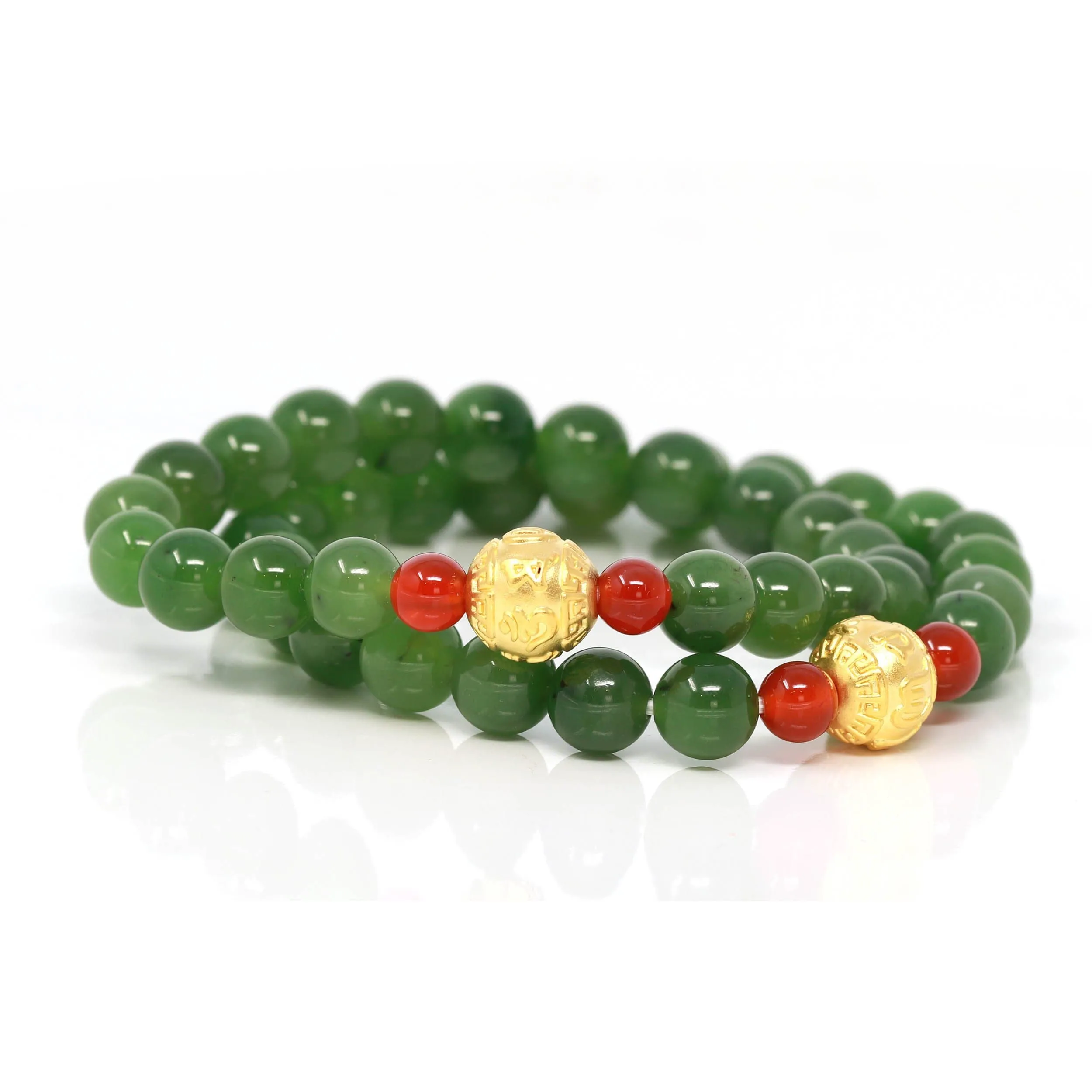 24K Pure Yellow Gold "Buddha Mantra" Charm With Genuine Green Jade Round Beads Bracelet Bangle ( 8 mm )