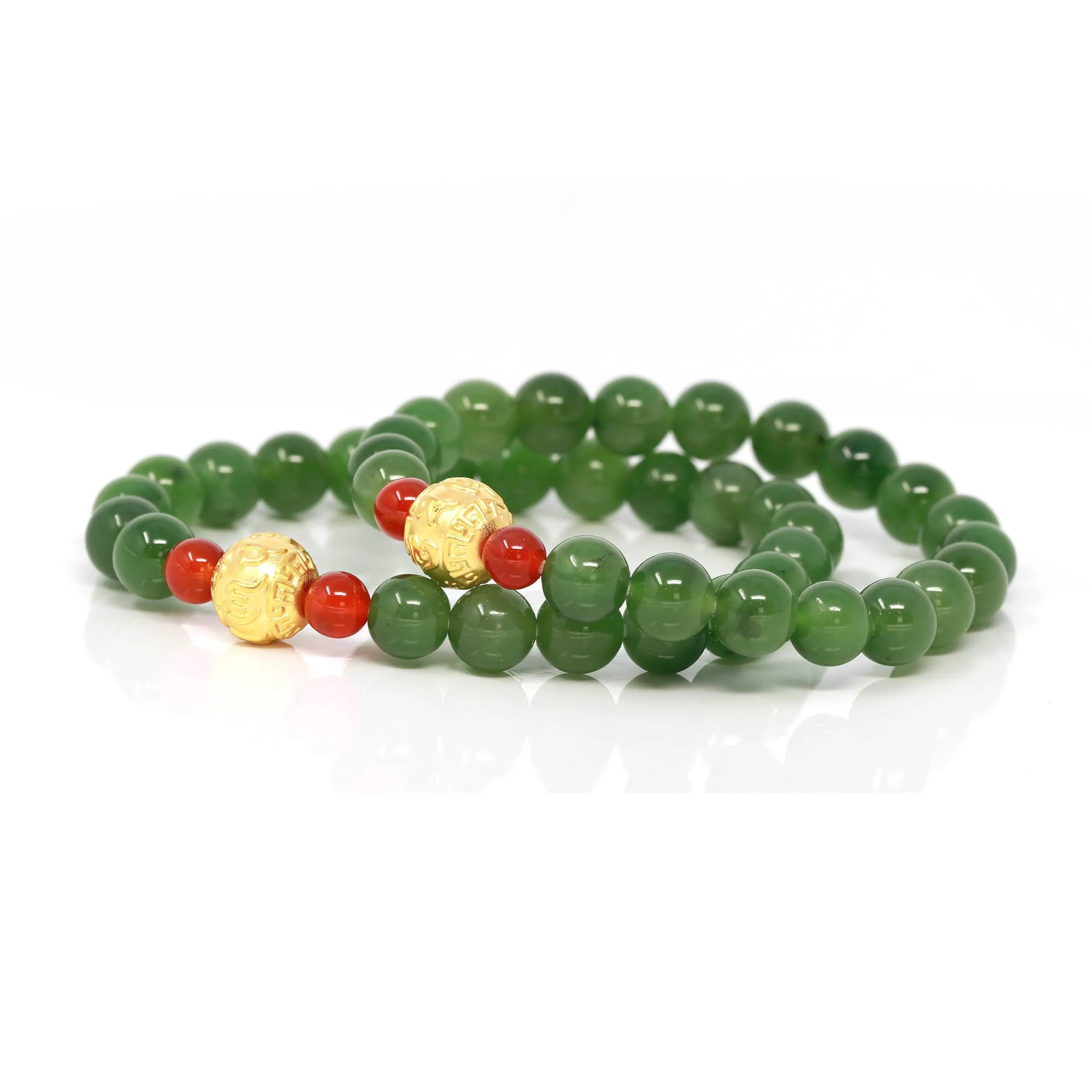 24K Pure Yellow Gold "Buddha Mantra" Charm With Genuine Green Jade Round Beads Bracelet Bangle ( 8 mm )