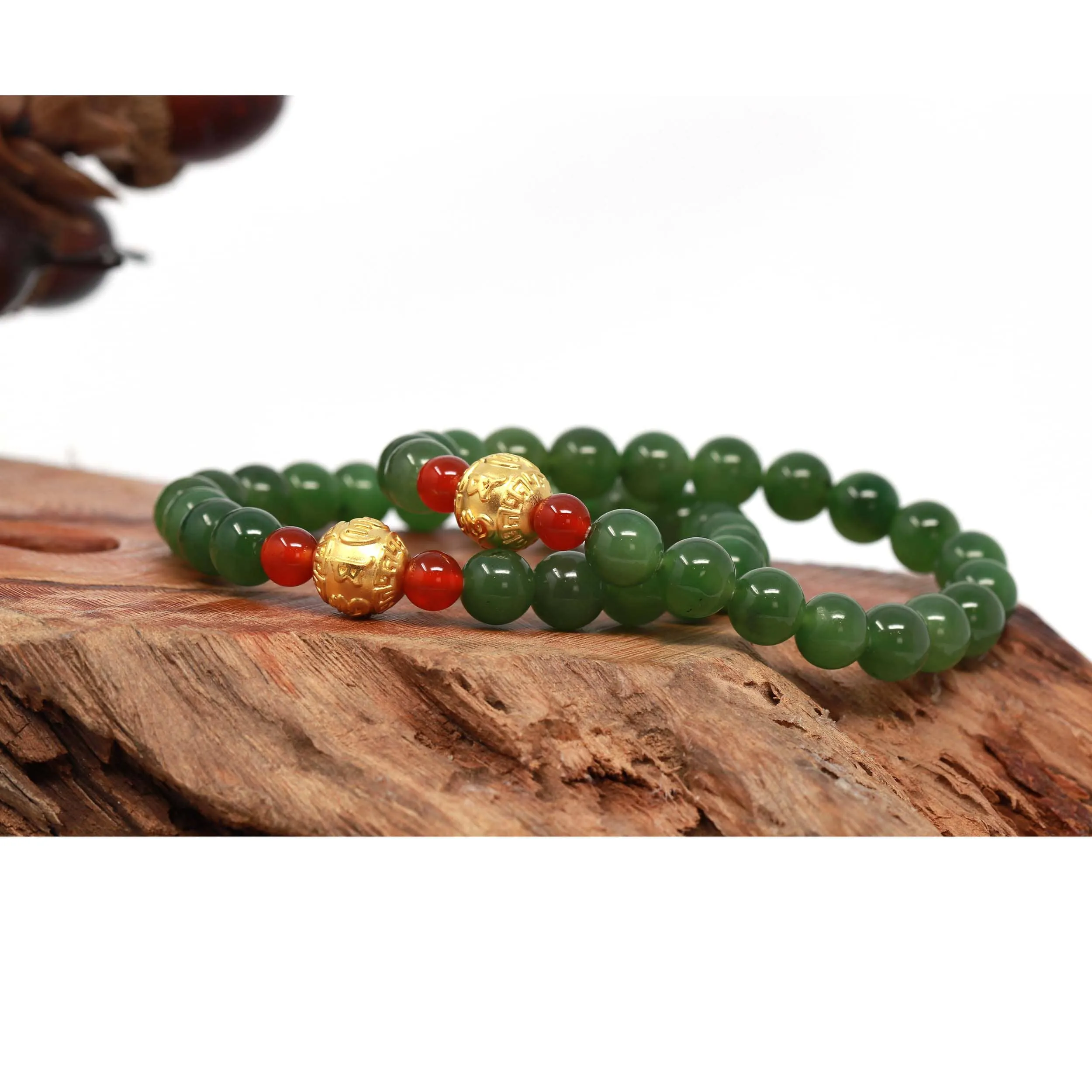 24K Pure Yellow Gold "Buddha Mantra" Charm With Genuine Green Jade Round Beads Bracelet Bangle ( 8 mm )