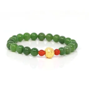 24K Pure Yellow Gold "Buddha Mantra" Charm With Genuine Green Jade Round Beads Bracelet Bangle ( 8 mm )