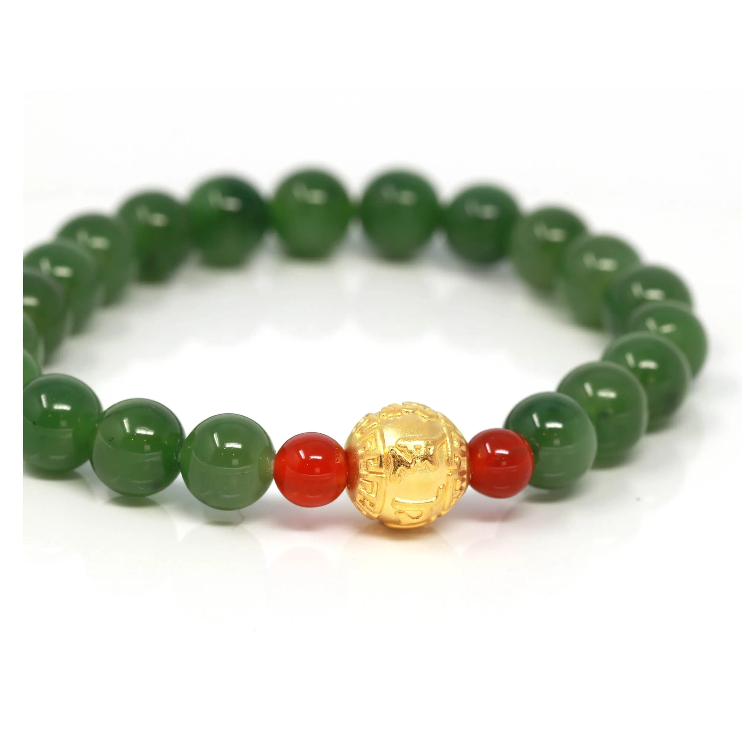 24K Pure Yellow Gold "Buddha Mantra" Charm With Genuine Green Jade Round Beads Bracelet Bangle ( 8 mm )