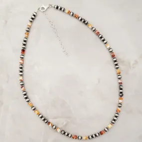 5mm Navajo Pearls & Orange Spiny Oyster Necklace Sterling Silver