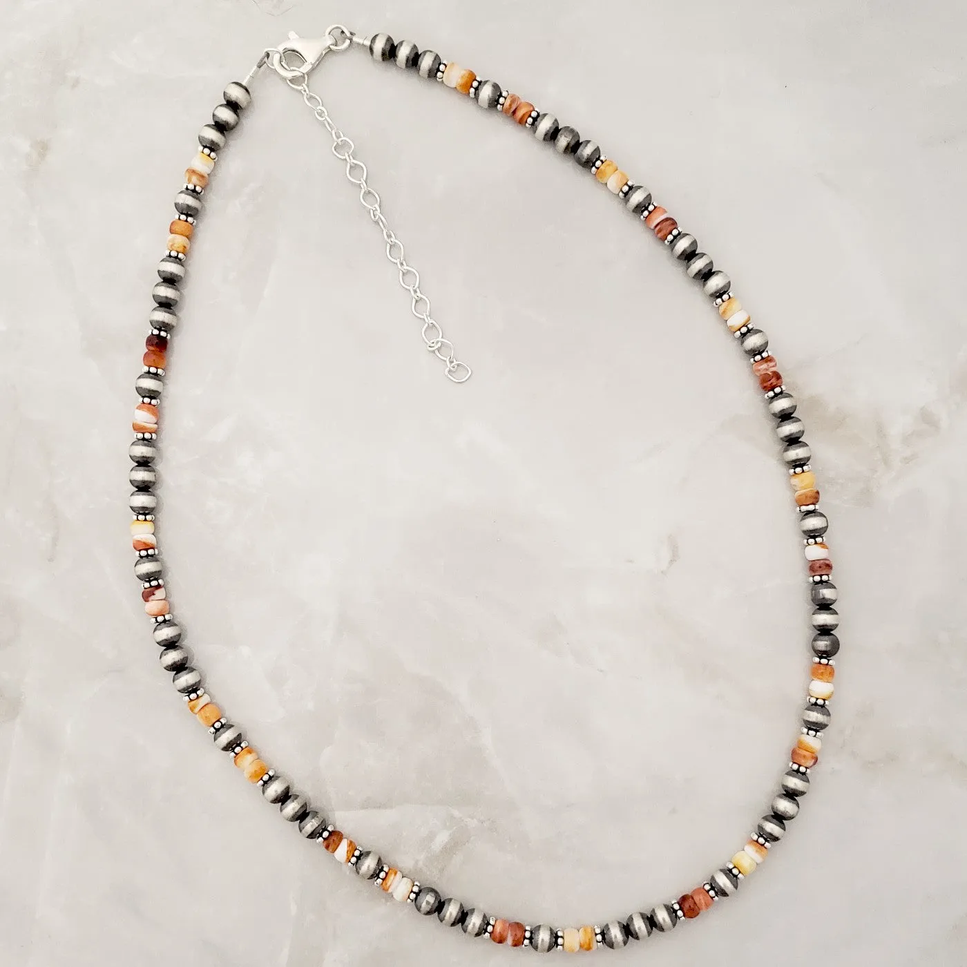 5mm Navajo Pearls & Orange Spiny Oyster Necklace Sterling Silver