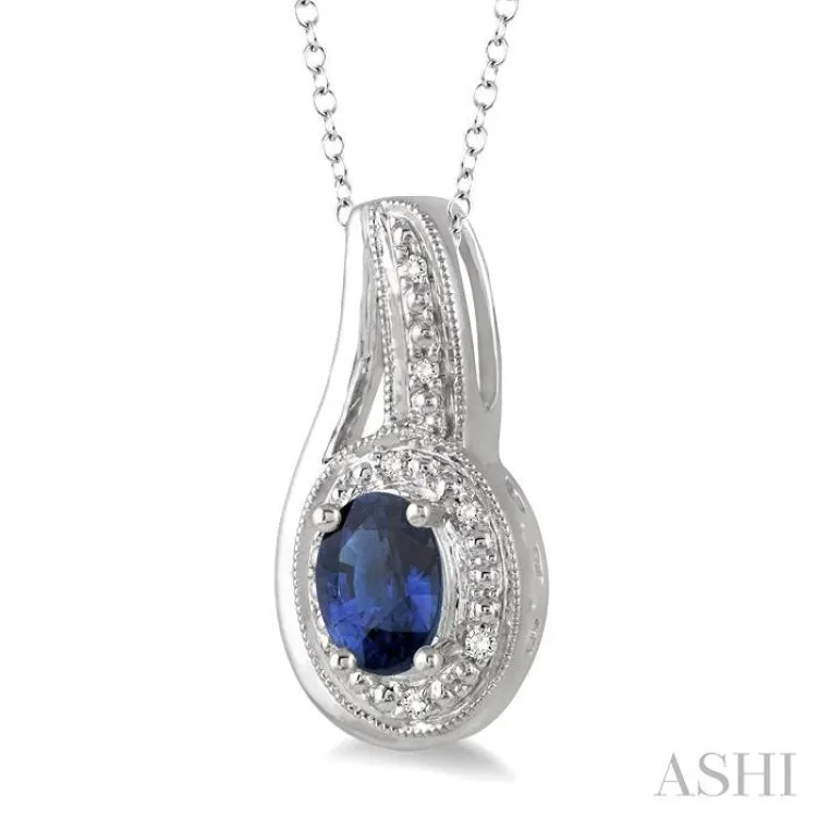 6x4 MM Oval Cut Sapphire and 1/50 Ctw Round Cut Diamond Pendant in Sterling Silver with Chain