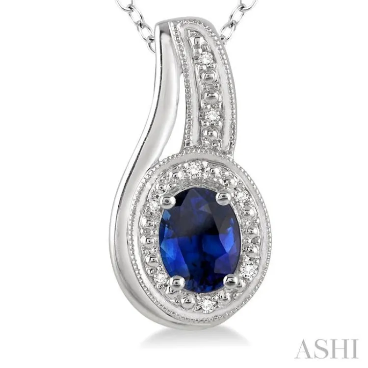 6x4 MM Oval Cut Sapphire and 1/50 Ctw Round Cut Diamond Pendant in Sterling Silver with Chain