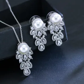 925 Sterling Silver-Pearl Necklace-Earrings Bridal Jewelry Set