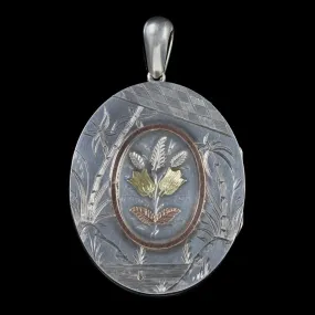 Antique Victorian Floral Locket Sterling Silver 18Ct Gold Circa 1880