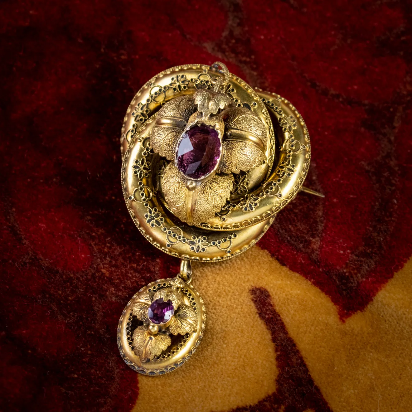 Antique Victorian Lovers Knot Brooch Amethyst 15Ct Gold Locket Circa 1880