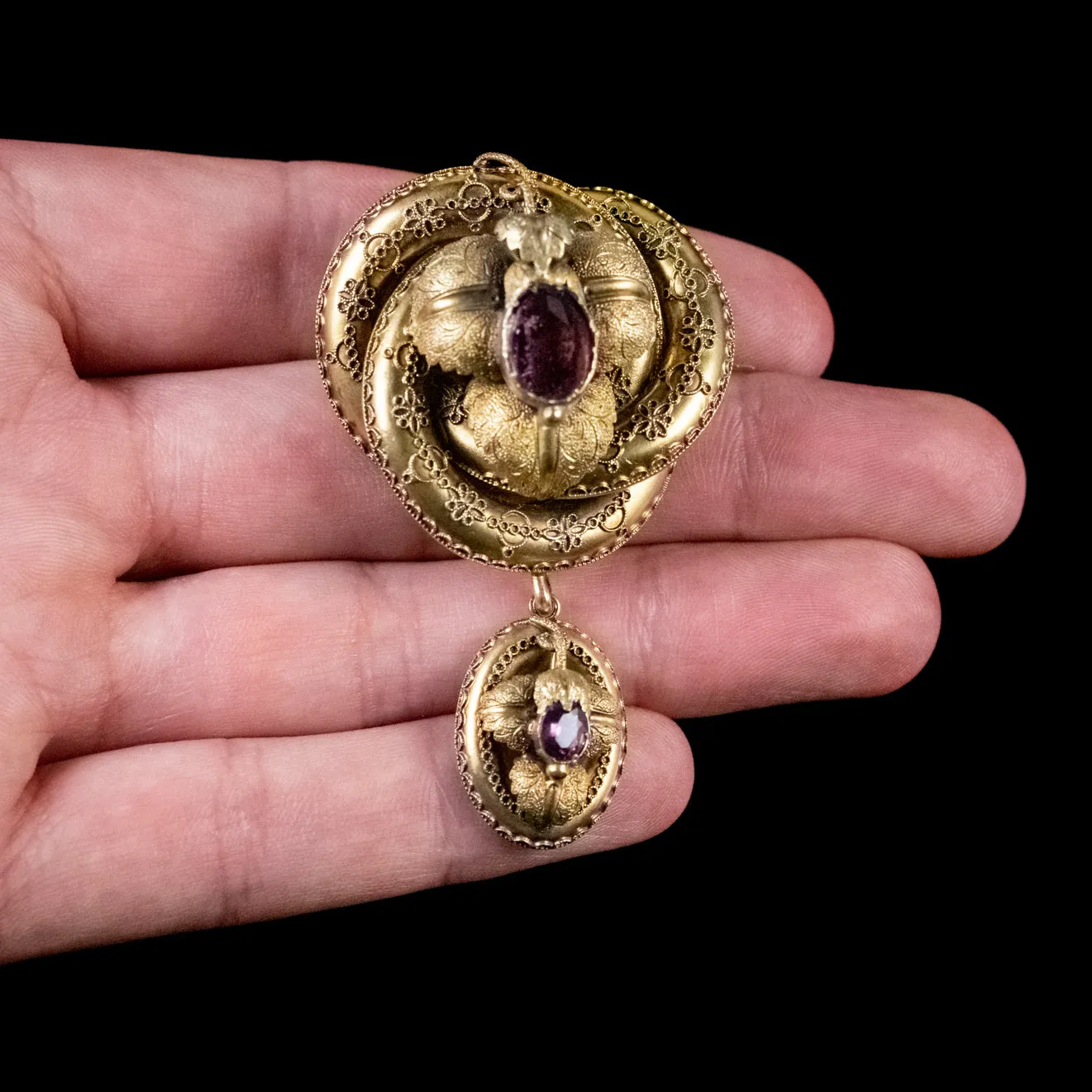 Antique Victorian Lovers Knot Brooch Amethyst 15Ct Gold Locket Circa 1880