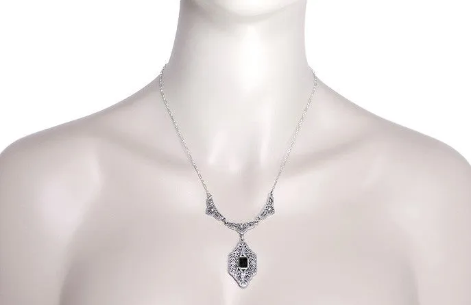 Art Deco Filigree Black Onyx Drop Pendant Necklace in Sterling Silver