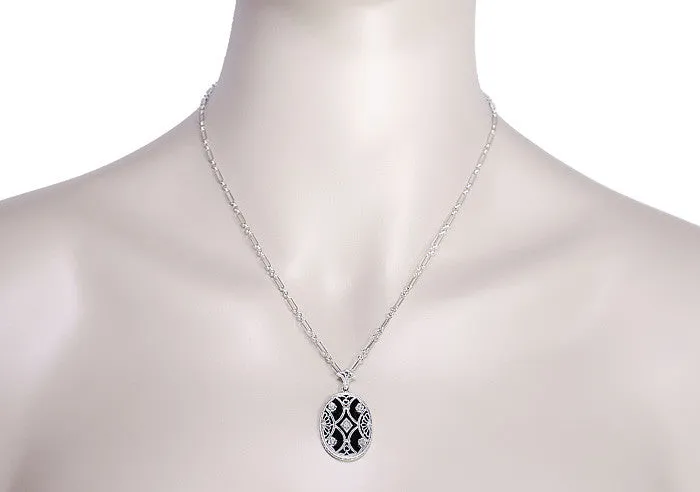 Art Deco Filigree Flowers and Scrolls Black Onyx and Diamond Vintage Filigree Pendant in Sterling Silver